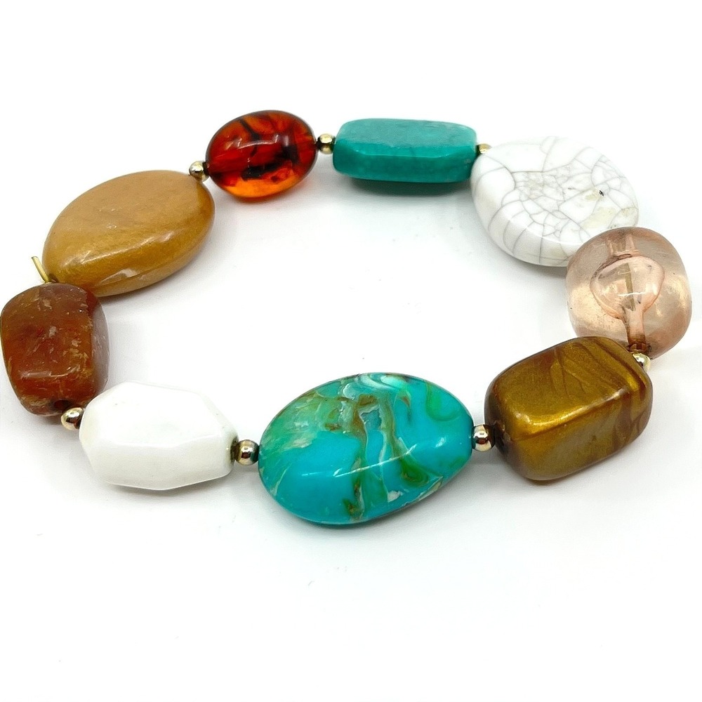 Vintage Multi Color Faux Turquoise Faux Amber Chunky Resin Bead Stretch Bracelet